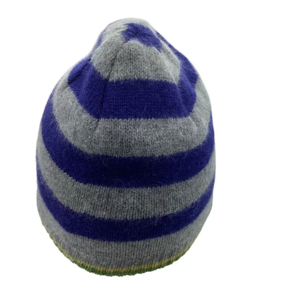 Child Striped Gray & Purple Lambswool Blend Knit‎ Beanie Hat